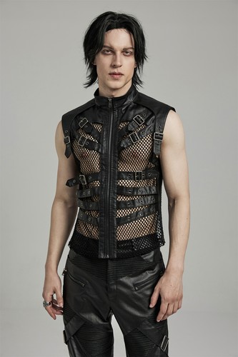 PUNK RAVE Men Black Gothic Punk Handsome Mesh Leather Loop Hollow Vest Waistcoat - Picture 20 of 21