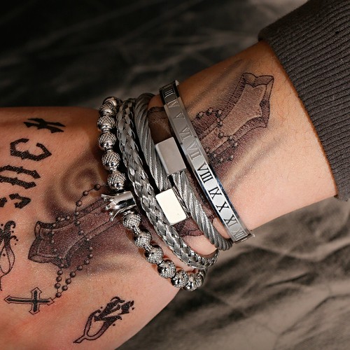 4Pcs/Set Luxury Golden Stainless Steel Bracelet Roman Numeral Crown Men Jewelry - Picture 14 of 65