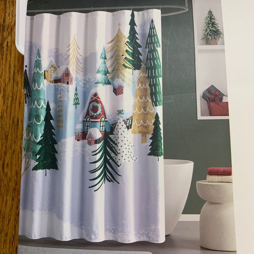 Martha Stewart Holiday House Shower Curtain 72X72 Christmas Village Snow Trees