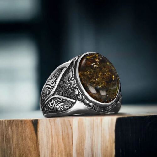 Amber Stone 925 Sterling Silver Men's Ring Turkish Handmade Natural Stonede - Picture 2 of 3