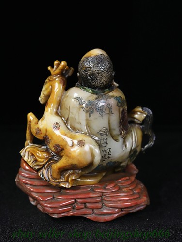 5.2" Old Chinese Tianhuang Shoushan Stone Carved Deer Lohan Arhat Statue - Picture 7 of 9