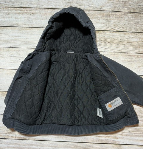Carhartt Duck Canvas Jacket Youth SZ XXS (4/5) Quilt Lined Hooded Black - Picture 2 of 7