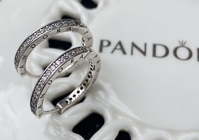 プロメア アクセサリー Authentic Pandora Sparkle and Pandora Logo Hoop Earrings