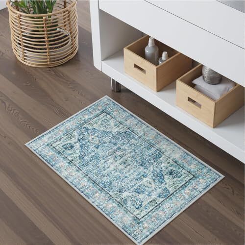 Bathroom Rugs, Distressed Farmhouse Boho Bath Mat, 18 x 26 inch Light Blue - Picture 8 of 8