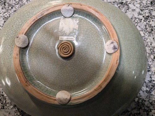 Green Thailand Celadon Footed Hand Crafted Bowl 12" Long - Picture 4 of 5