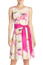 NWT Eliza J Floral Print Faille Fit & Flare Dress 4 Pink Red Yellow