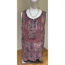Daniel Rainn DR2 Womens Top sleeveless Purple Paisley Crochet Lace Pleated Sz m