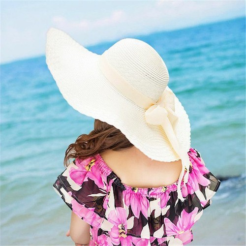 WIDE BRIMMED FLOPPY SUMMER WOMENS SUN BEACH FOLDABLE STRAW LADIES WEDDING HAT - Picture 9 of 23