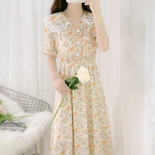 Women Floral Chiffon Dress Short Sleeve Elastic Waist Fairy Elegant Sweet - Bild 11 von 15