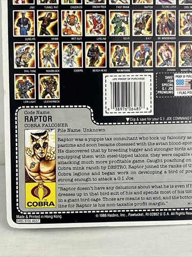 1986 HASBRO GI JOE ARAH RAPTOR COBRA FALCONER NEW ON CARD CLEAR BUBBLE  - Picture 13 of 15