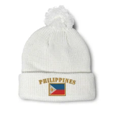 Pom Pom Beanies for Women Philippines Flag Embroidery Flags Acrylic Skull Cap