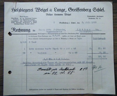 alte Rechnung vom 5.7.1928 Holzbiegerei Weigel & Lange Greiffenberg Schlesien 