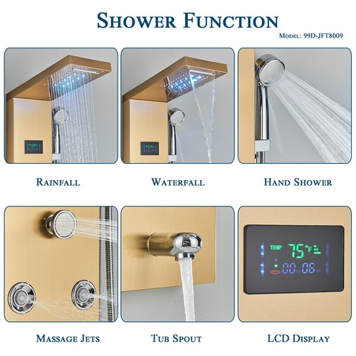 Gold LED Shower Panel Tower Rain Head Combo Massage Jets System Stainless Steel - Picture 10 of 11