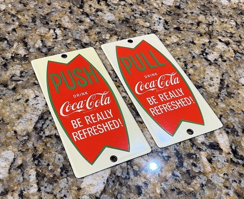 Vintage Coca Cola Sign Porcelain Door Push Pull Fishtail Set Soda Drink Coke WOW - Picture 6 of 19