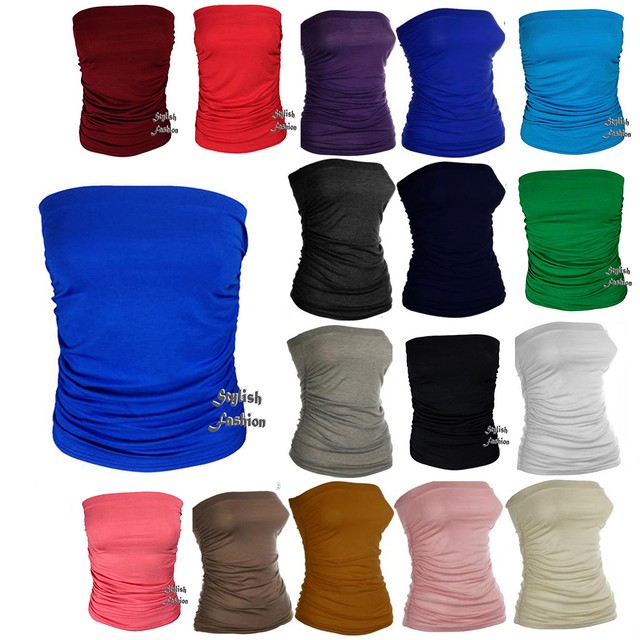 Ladies New Plain Strapless Sleeveless Ruched Boob Tube Womens Bandeau Top 8-22