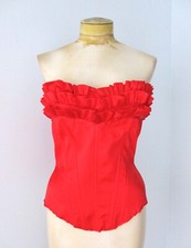 Red satin corset bustier burlesque tiered ruffles lace up back flexible stays M