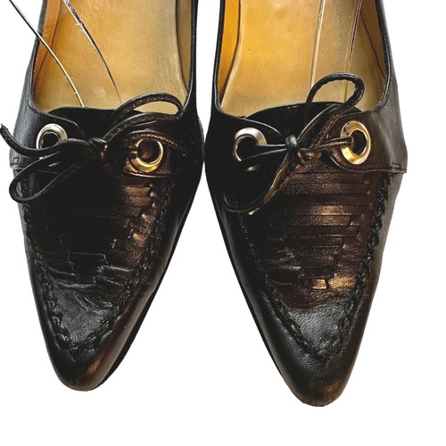 MICHELLE K Windsor Black Leather Women Kitten Slip-On Heel Pointed Toe Bow 8.5 W - Picture 3 of 10