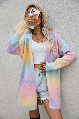 2025 Womens Chunky Knitted Jumper Open Long Sleeve Rainbow Cardigan Outwear Tops - Picture 26 of 58