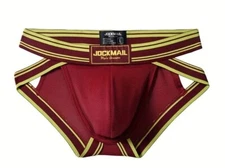 New Men's Sexy Jockmail Open Side Burgundy Low Rise Bikini w/Contoured Pouch-Gay