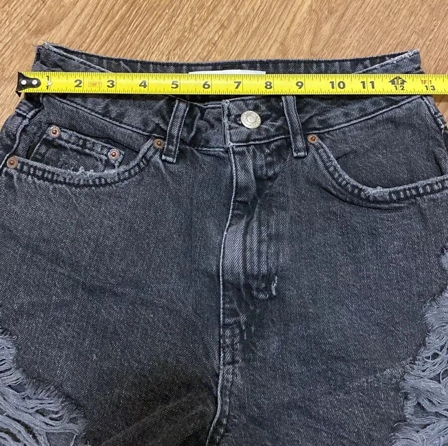 Pantalones Cortos de Denim Topshop Talla 4 Negros Envejecidos Cintura Alta Corte Festival Jean Foto 3 de 4