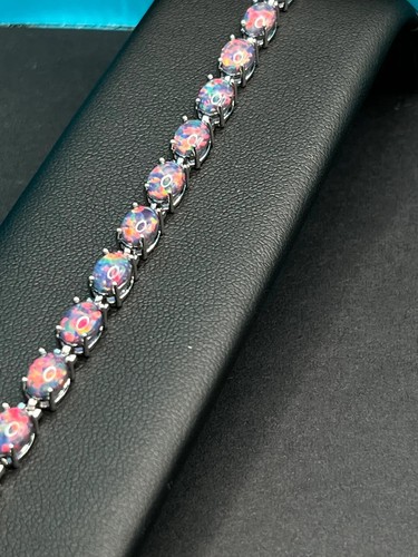 Natural Black Opal Bracelet, Tennis Bracelet, Silver October Birthstone, Opal - Picture 7 of 9
