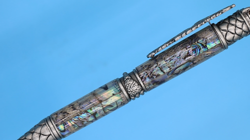 The Cannibal Dragon Twist Pen in Antique Pewter Iridescent Paua Abalone Shell - Video 1 of 1