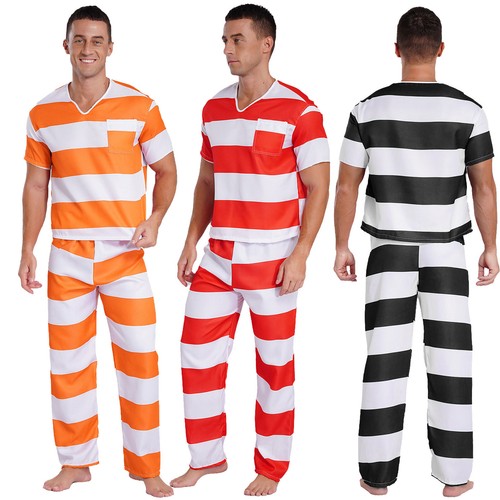 UK Mens Guilty Prisoner Costume Adult Jailbird Convict 2pcs Sets Prison Uniform - Picture 2 of 39