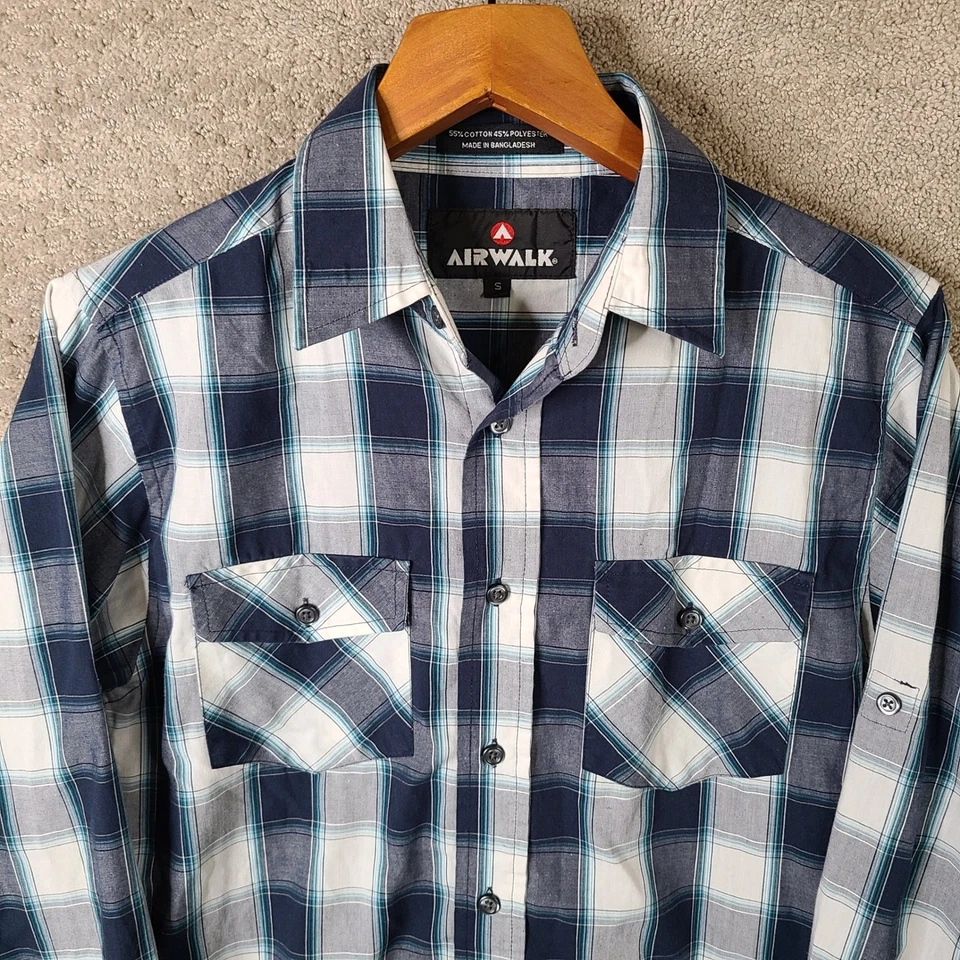 Airwalk Shirt Mens Small Blue White Plaid Long Sleeve Button Up Cotton Blend - Image 2 of 4
