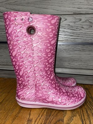 Crocs Women Rain Boots Jaunt Crocband US 9 Pink  Mid Calf Waterproof Pull-On
