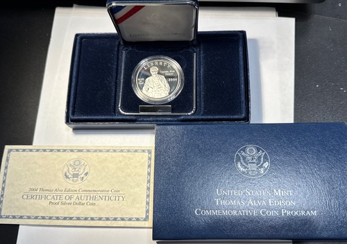 US Mint Thomas Edison 2004 Commemorative PROOF 90% SILVER DOLLAR Coin COBM-9179 - Picture 1 of 10
