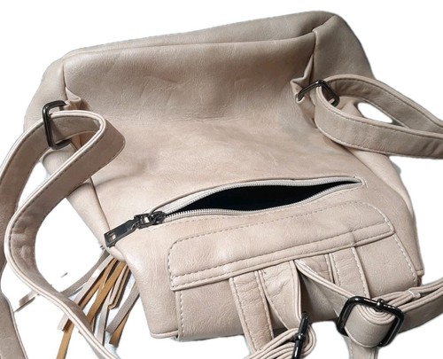 Faux Leather Fringe Tasseled Flap Backpack Daypack Purse Hobo Bag Beige Tan Boho - Picture 13 of 16