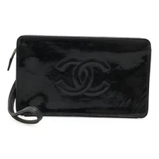 Chanel Patent Leather Clutch Bag Women Black One Size
