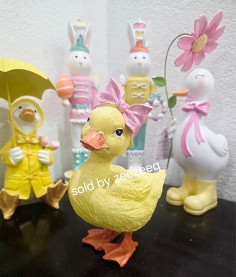 Easter Spring Duck With Pink Bow Resin Figurine Tabletop Decor 8.25''