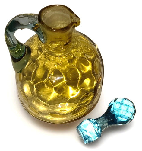 Victorian Spot Optic Art Glass Cruet Applied Blue Handle Cut Faceted Stopper - Picture 2 of 13