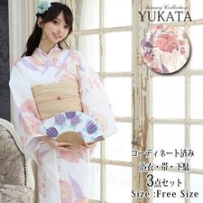 Japanese Yukata Kimono 3-piece set with a pink and beige tulips softly drawn