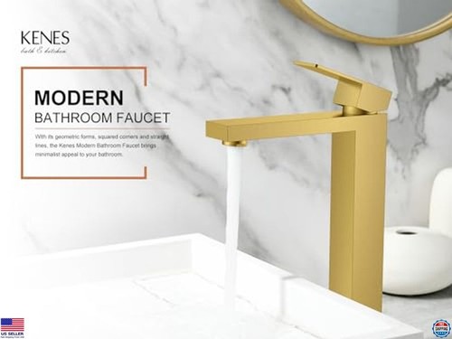 Brushed Gold Tall Bathroom Faucet, Single Handle Vessel Sink with Drain & Lines - Picture 2 of 6