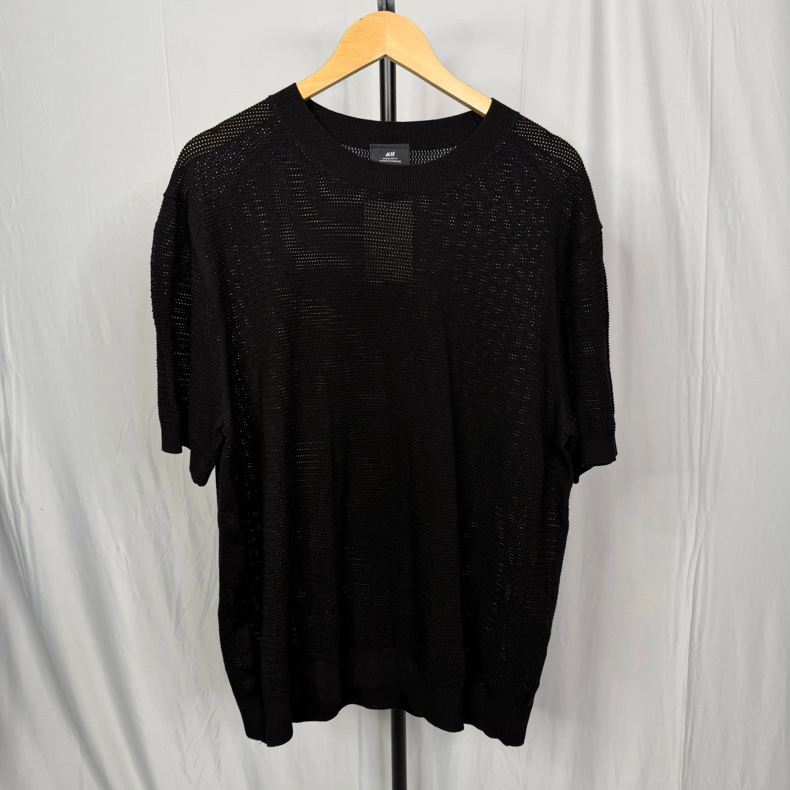 H&M Mens Regular Fit Mesh Knit Boxy T-Shirt Black Short Sleeve Crew Neck XL NWT image 2