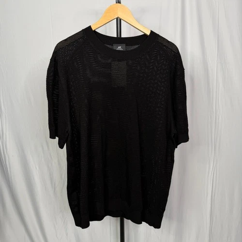H&M Mens Regular Fit Mesh Knit Boxy T-Shirt Black Short Sleeve Crew Neck XL NWT image 2