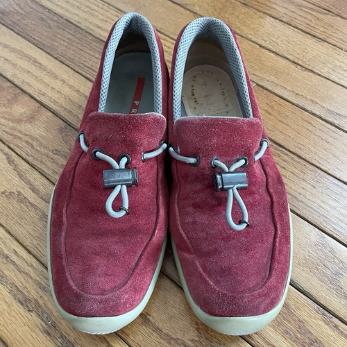 Vintage Prada Linea Rossa Red Suede Toggle Loafers – Size 39.5 Unisex - Picture 3 of 14