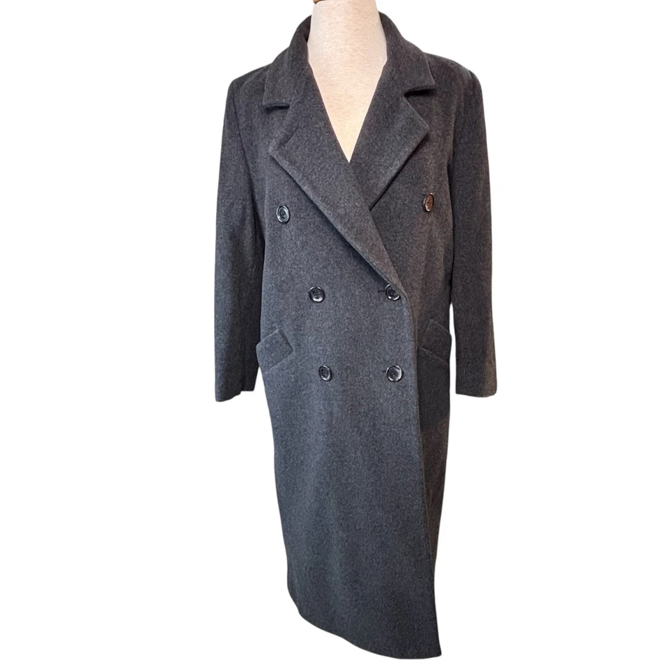 Abrigo Kristen Blake Gris Mezcla Lana 6P Tela Italiana Doble Pecho Longline Foto 2 de 4