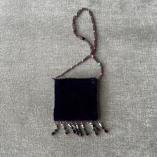 Royal Velvet Beaded Purple Stones Zippered Silk Lined Pouch Bag Boho Retro - Picture 6 of 9