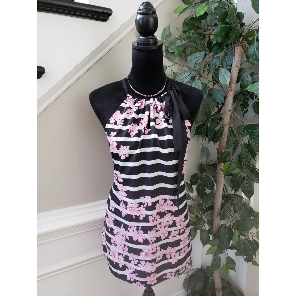 Camiseta sin mangas New York & Company para mujer L negra blanca a rayas y halter floral cuello corbata Foto 2 de 4