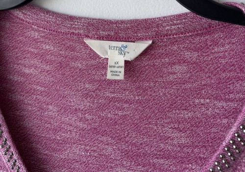 Terra & Sky Knit Top Pink V Neck Embellished Knit Stretch Slit Sleeve Womens 1X - Picture 4 of 9