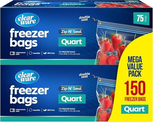 Quart Freezer Double Zipper Seal Resealable Plastic Freezer Containers 150 cnt - Picture 3 of 4