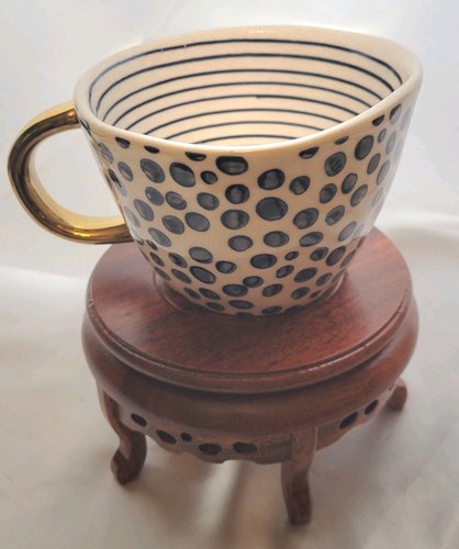 Tazza asimmetrica The Old Pottery Co blu a pois/strisce manico oro art deco - Foto 5 di 7