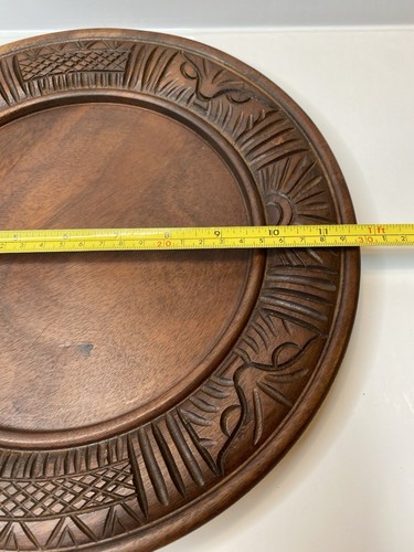 Bread Board 11 3/4” Round Brown Wooden Hand Carved Owl Sun - Picture 13 of 13