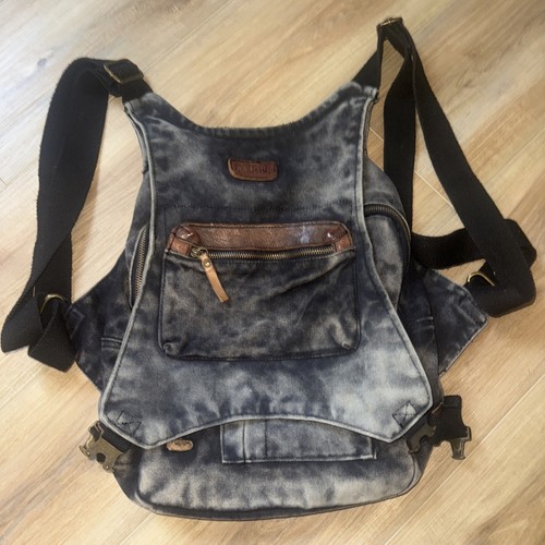 Bed Stu schwarz grau abgenutzt Lederbesatz Rucksack Tasche Reißverschlusstaschen Wachs Canvas