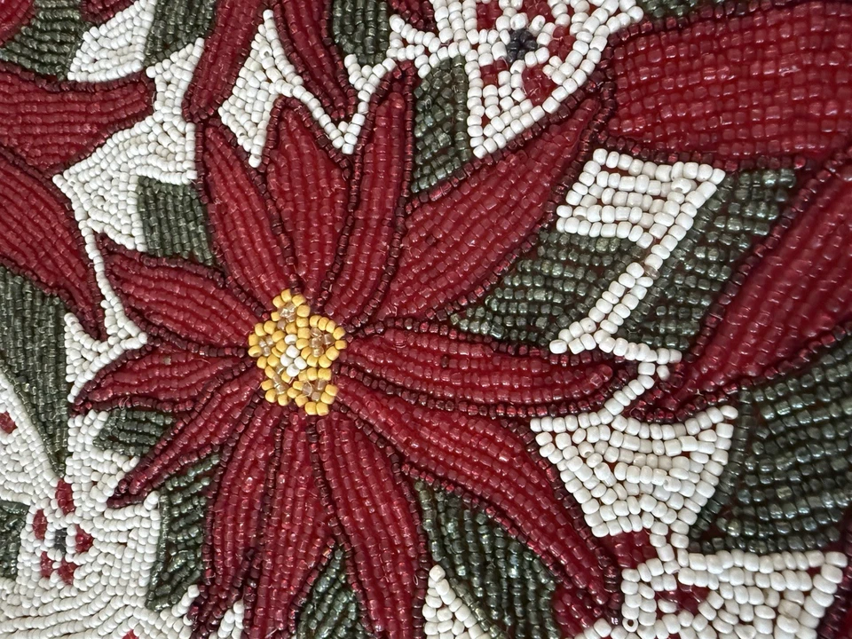 ✿ Vintage Beaded Christmas Table Runner Red Poinsettia Flowers Holiday Decor - Image 4 of 4