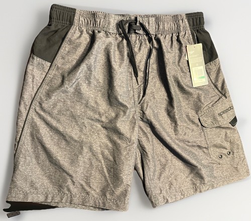 Speedo Mens L Heather Gray Black Swim Trunks Volley 20" NWT $42