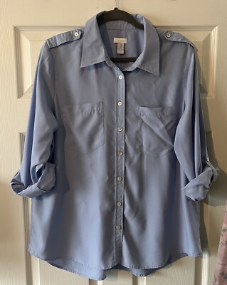 Chico's Women's Baby Blue Roll Tab Sleeve Blouse Button Front Collared -So Soft!